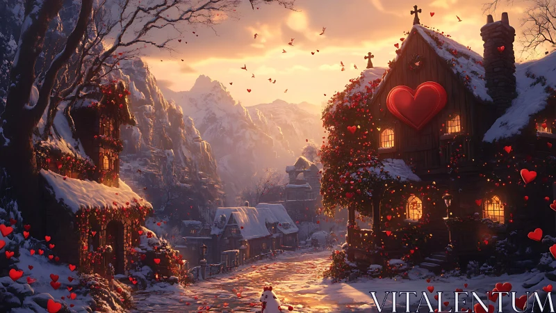 Snowy alpine village glows with romantic heartlit cottages