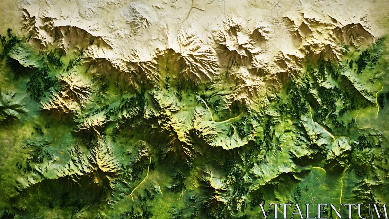 Textured topographic relief map with sunlit mountain ridges.