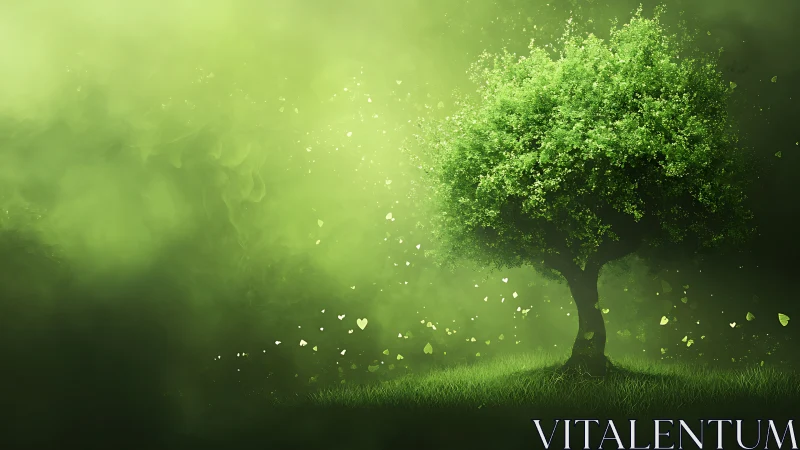 Lush green tree in dreamy glowing meadow, digital art style.