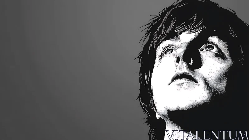 High contrast black white portrait of upward looking man.