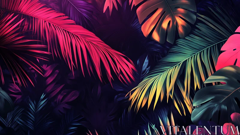 Neon tropical foliage in layered digital illustration.