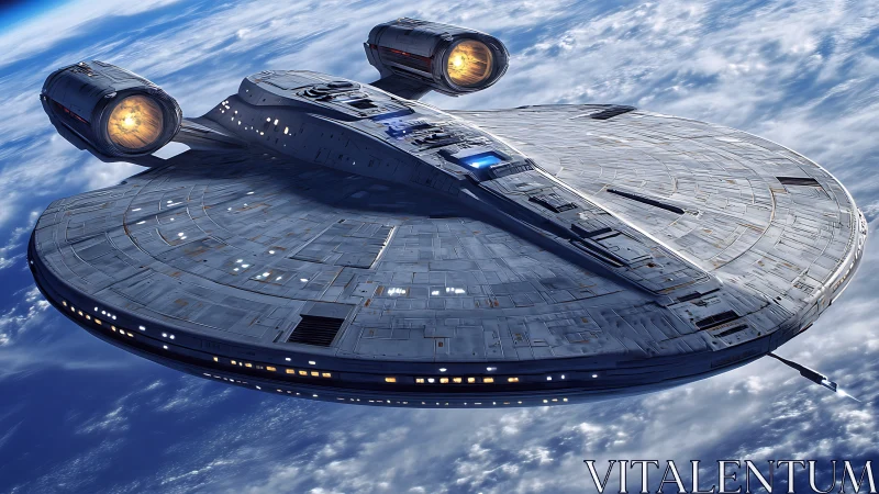 Disc-hulled starship with dual fusion nacelles above clouds