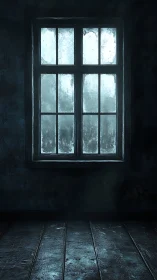 Frosted multi-pane window in dim abandoned interior space