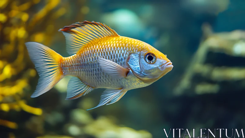 Golden orange fish swims laterally in softly blurred aquarium