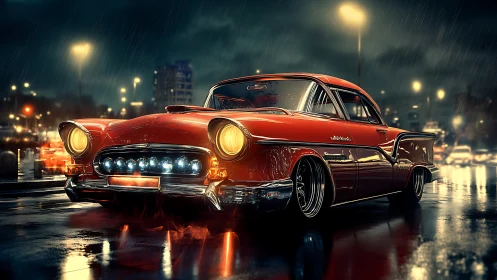 Red classic coupe on wet city street at night in rain.