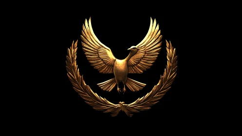 Majestic Golden Eagle Emblem with Laurel Wreath on Black Background.