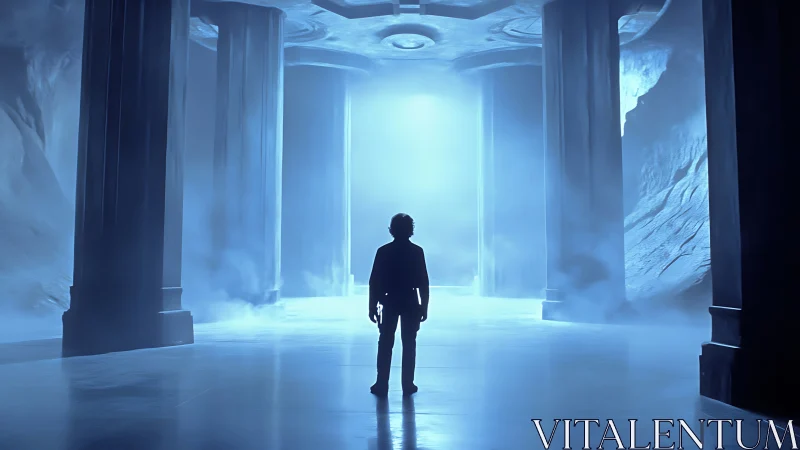 Solitary explorer under luminous monolithic arches.