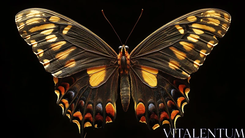 Swallowtail butterfly spreads patterned wings against black field