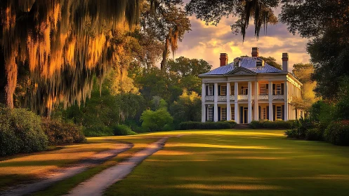 Southern neoclassical mansion under golden-hour canopy light.
