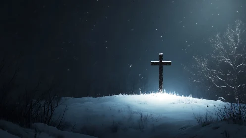 Snowy hilltop cross glowing softly in the quiet night.