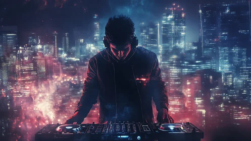 Night city DJ stands immersed in glowing urban soundscape