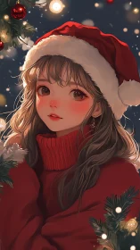 Warm Christmas portrait of anime girl in red Santa hat