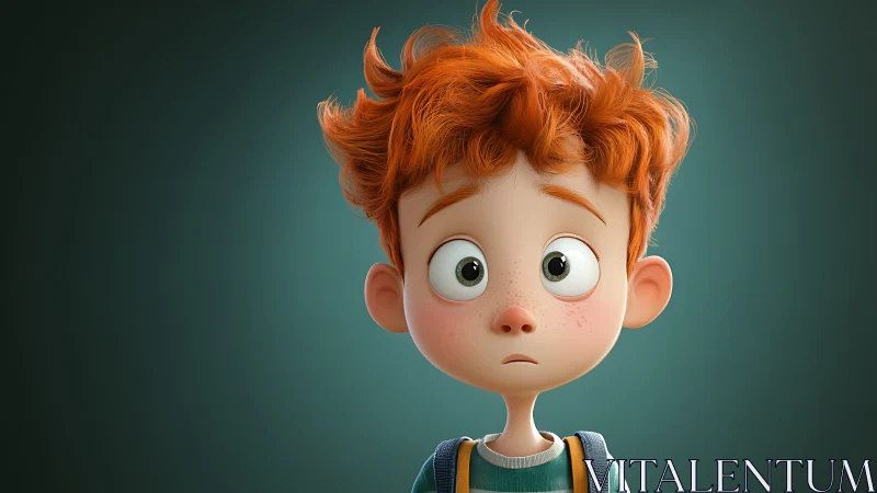 Wide-eyed freckled kid with stormy ginger bedhead wonder.