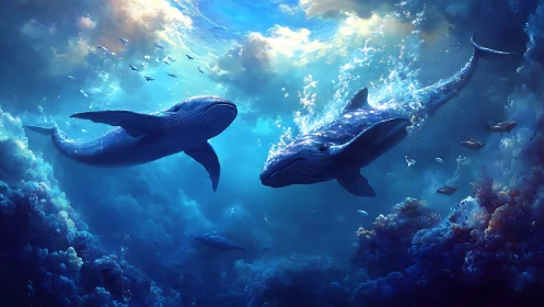 Gentle whale duet drifting through a glowing blue dreamscape.