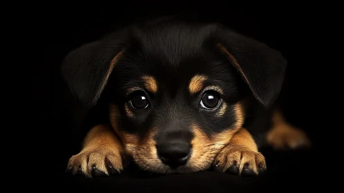 Puppy eyes glow under low key light on deep black backdrop.