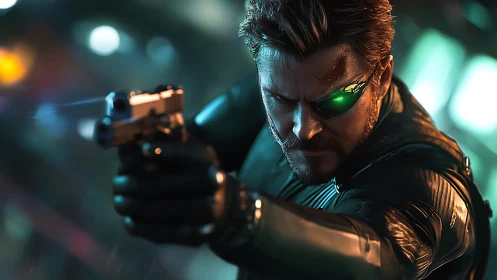 Cybernetic agent aims pistol under neon city lights