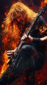 Flaming metal guitarist shredding in explosive inferno stage.