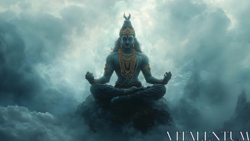 Meditating blue deity over ethereal storm clouds.