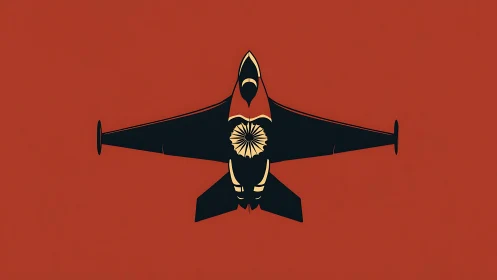 Jet silhouette blooms with golden sunburst over rust skies.