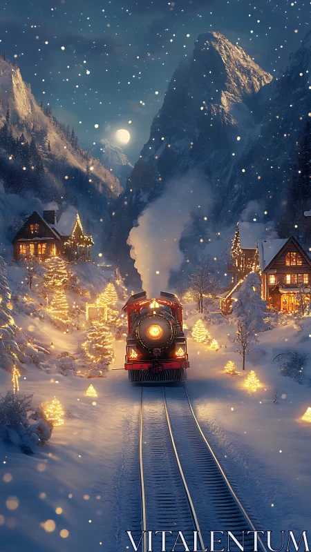 Steam train moves through illuminated snowy mountain village