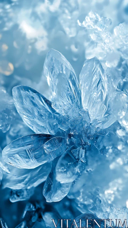 Macro crystalline ice flower with refractive blue facets.