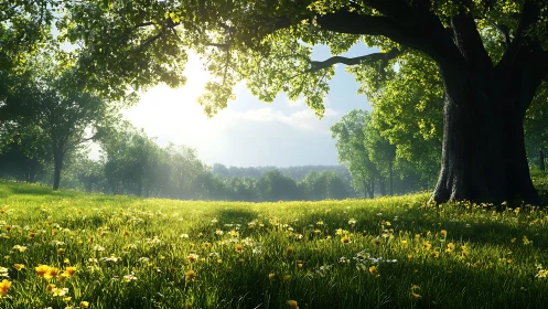 Sunlit meadow under sprawling oak with bright wildflowers.