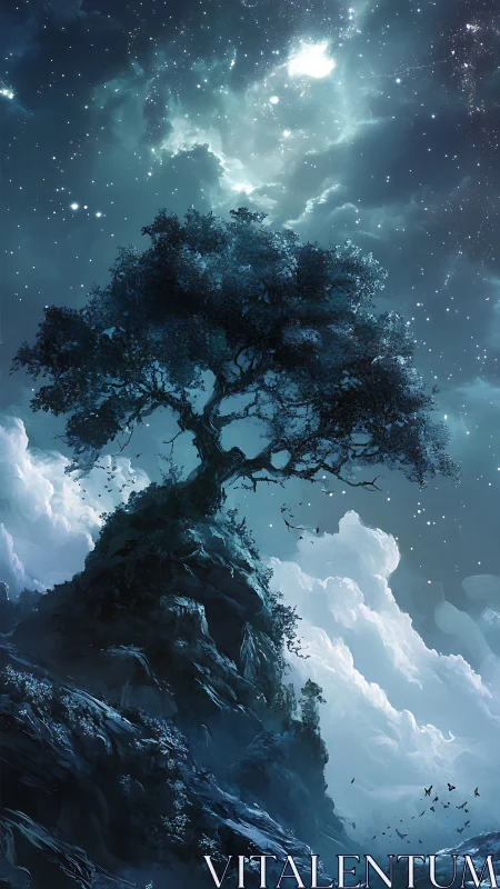 Stargazing summit tree cradled by drifting moonlit clouds.