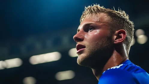 Photorealistic stadium portrait of focused football player.