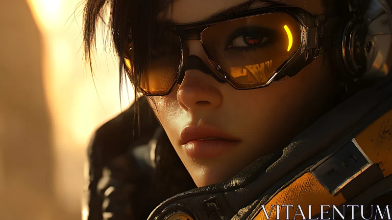 Cybernetic pilot portrait with amber visor reflections.
