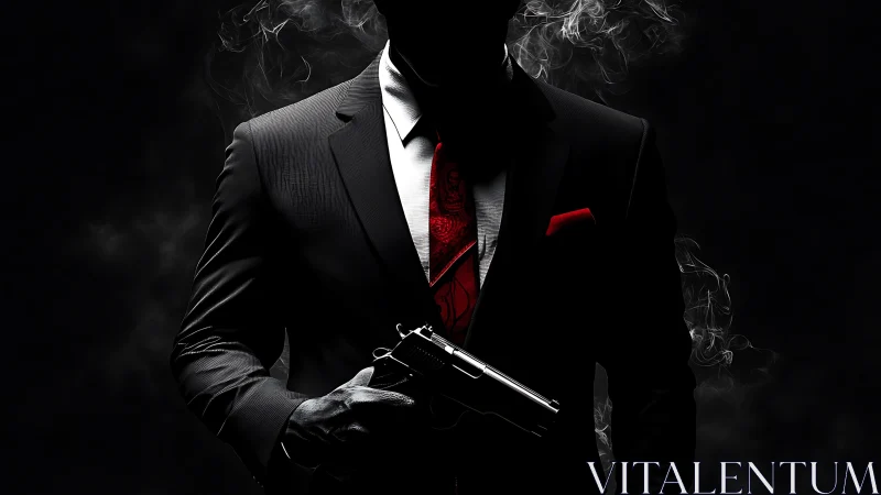 Silhouetted man in suit holding handgun against dark smoke