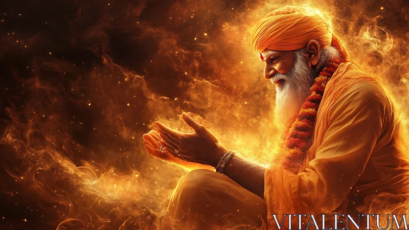 Mystic elder meditates within swirling firelit aura