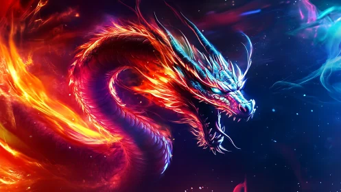 Bifurcated fire and neon-lit serpentine dragon in motion