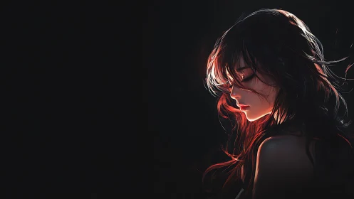 Side profile of pensive girl in red backlight on black
