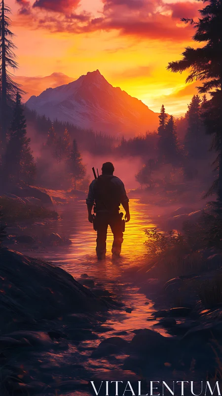 Lone traveler in river at sunset below glowing mountains.