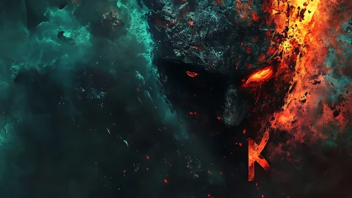 Demonic stone visage burns through teal smoke and fire.