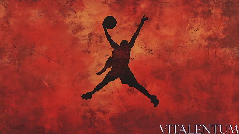 Silhouetted basketball dunker soars over textured red sky.