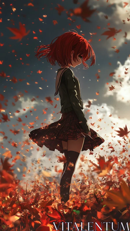 Autumn tempest girl stands amid swirling crimson leaves.