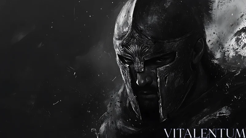 Brooding armored warrior steps from shadow with quiet strength