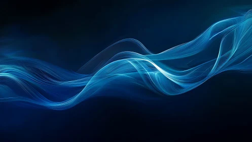 Luminous blue light waves flowing across dark abstract field.