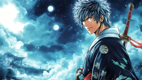 Samurai warrior under dual moons in luminous anime night sky