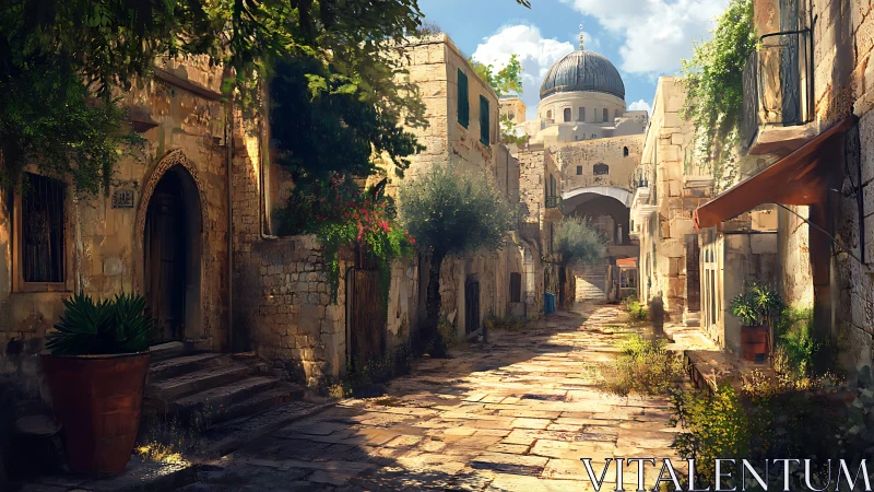 Sunlit old-town alley humming beneath a distant dome.