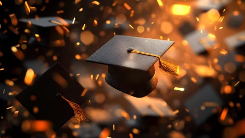 Graduation Caps in Midair with Celebratory Sparkles, Warm Lighting.