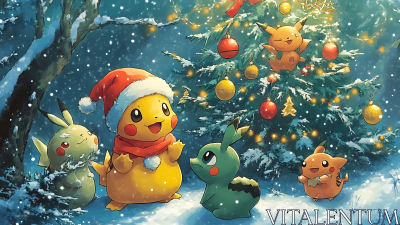 Snow-sparked Pikachu Christmas party under glowing forest tree.
