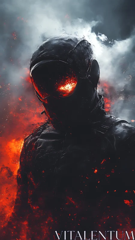 Inferno-armored sentinel emerges through volcanic smoke.