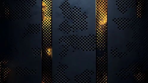 Dark perforated metal panels glow with molten golden light