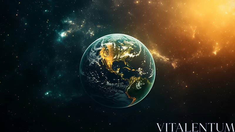 Earth floats in dark outer space with sunlit golden horizon
