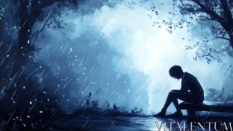 Melancholic silhouette on bench in rain, blue digital painting.