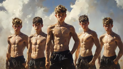 Five athletic male youths standing shirtless against sky.