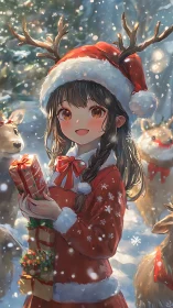 Anime Christmas girl in reindeer costume, soft lit snowfall scene.