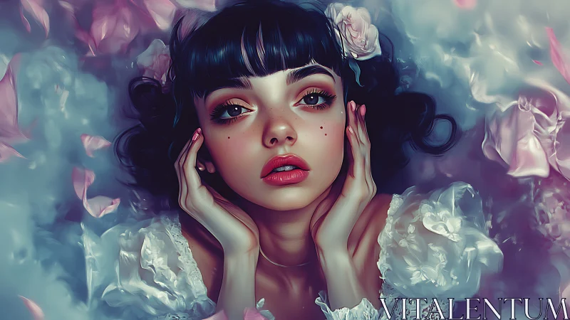 Digital portrait girl amid pastel petals and lace glow.